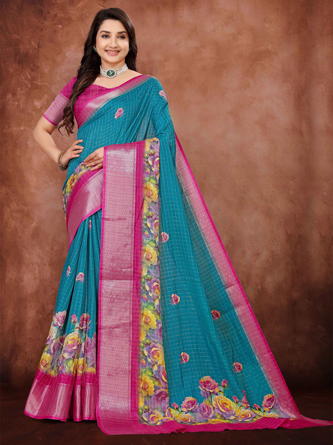 Rare Bello Woven Checks With Floral Printed Zari Border Dola Silk Saree