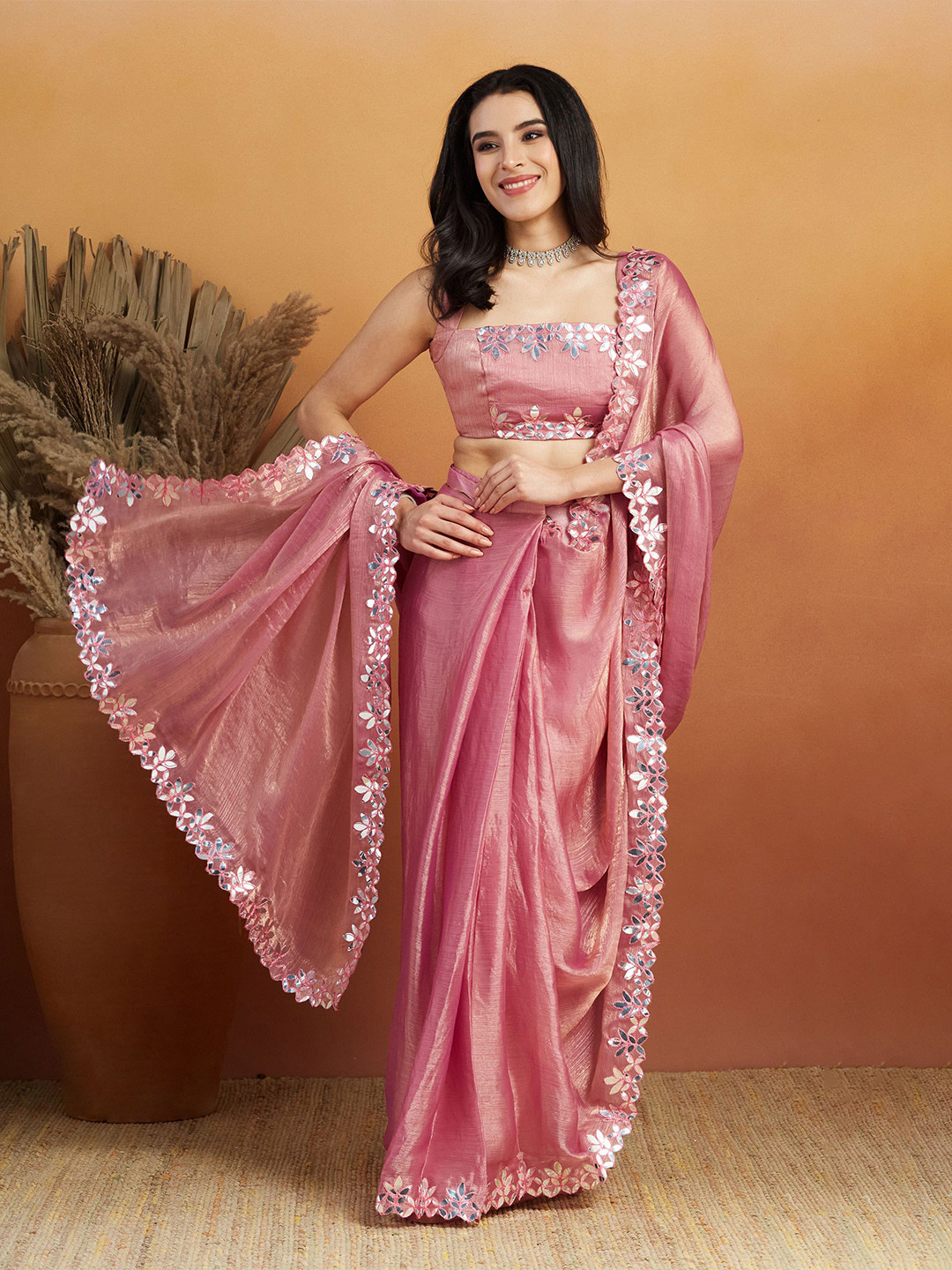 RACHNA Mirror Work Gota Pati Lace Work Glass Tissue Saree