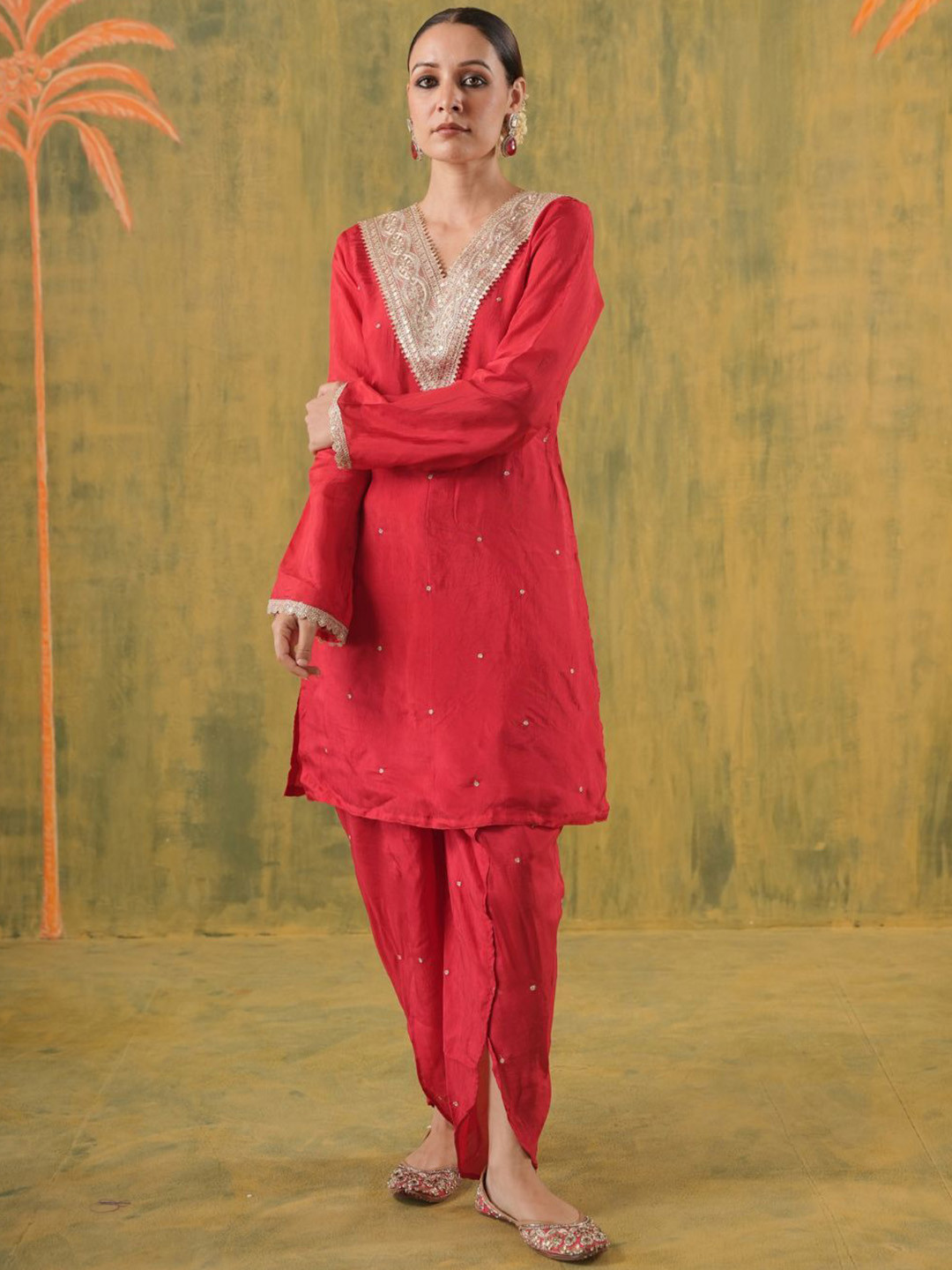 OneWe Women Ethnic Motifs Embroidered Sequinned A-Line Pure Silk Fusion Kurta with Dhoti Pants