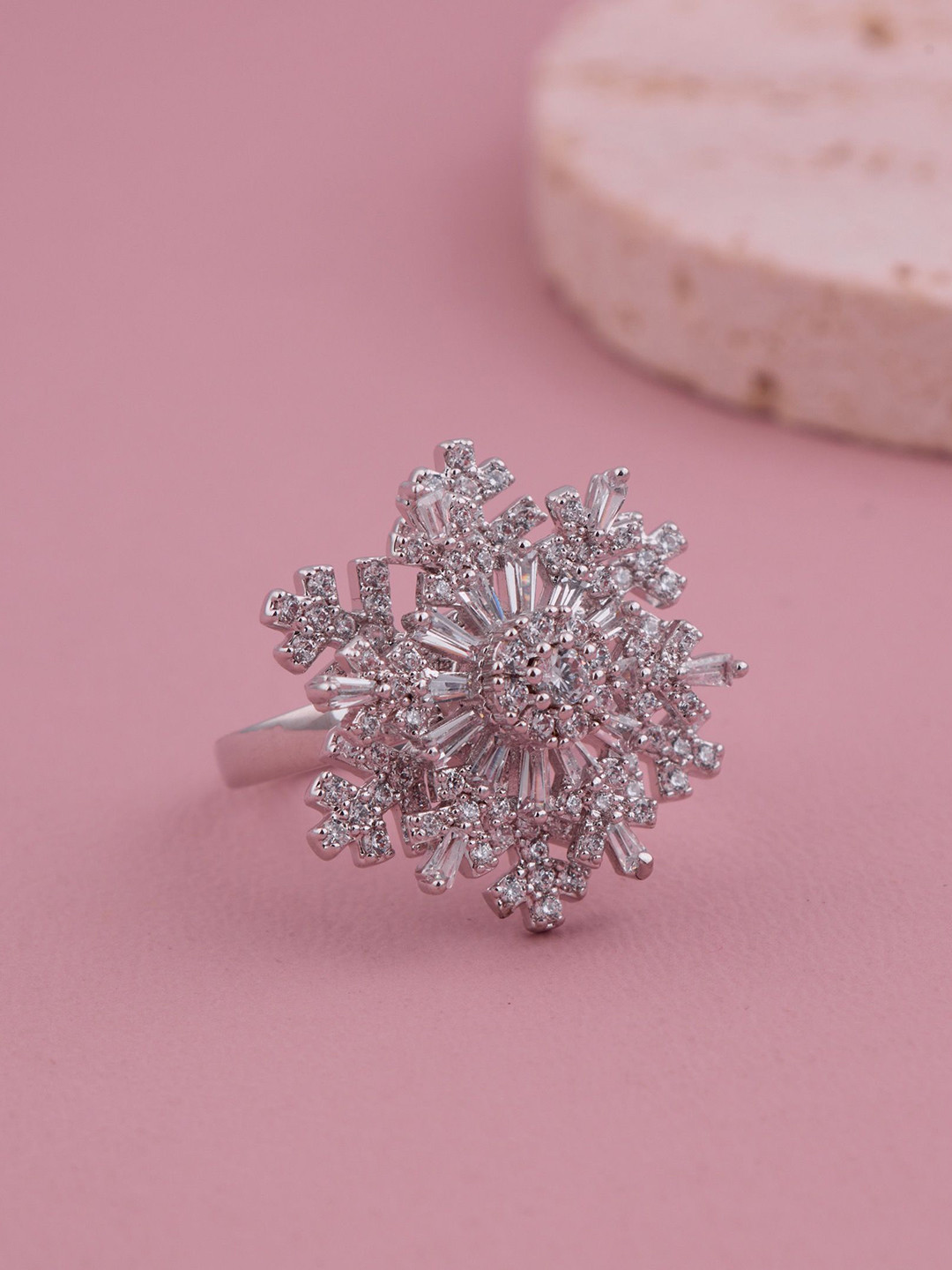 GC PREMIUM JEWELLERY Stainless Steel Cubic Zirconia Studded Snowflake Finger Ring
