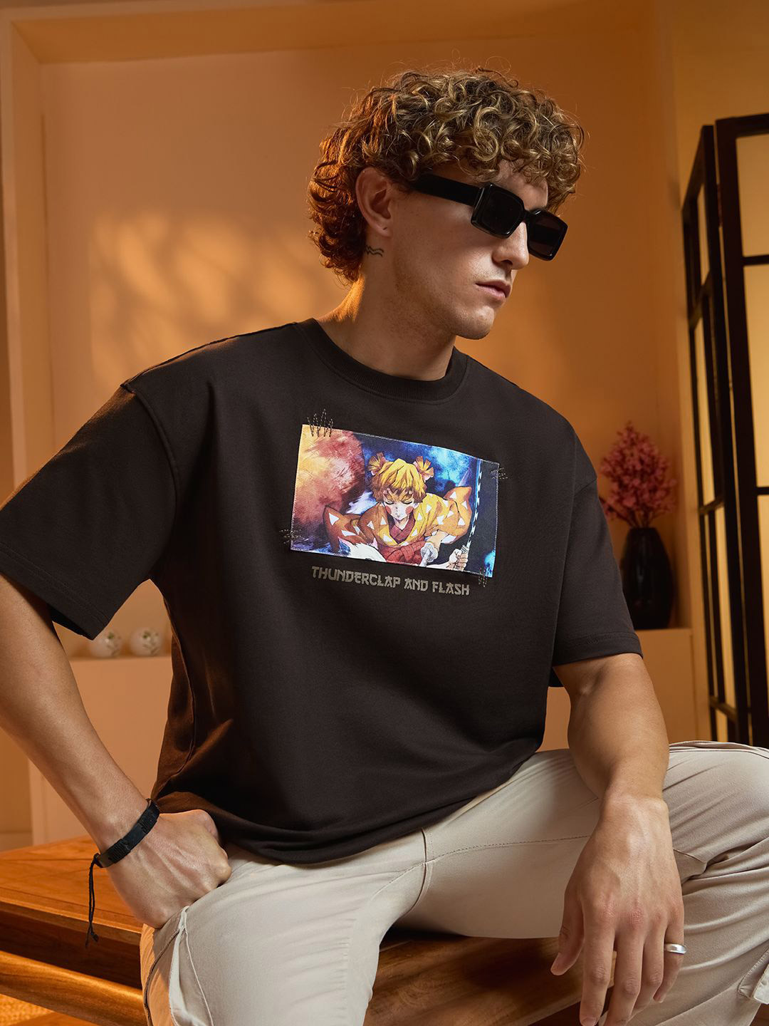 The Souled Store Oversized Demon Slayer Zenitsu Graphic Printed Pure Cotton T-Shirt