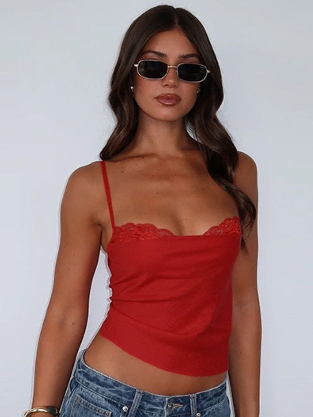 Red Lace Insert Scoop Neck Crop Cami Top