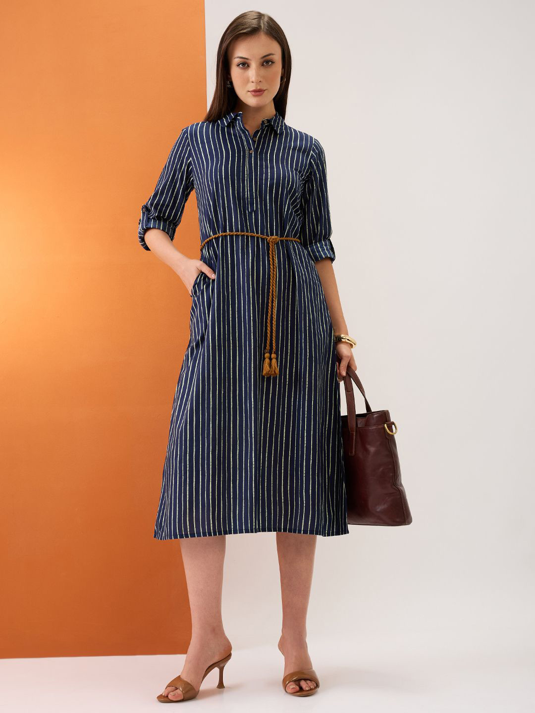 Globus Stripes Drawstring Waist Tie-Up Midi A-Line Workwear Dress