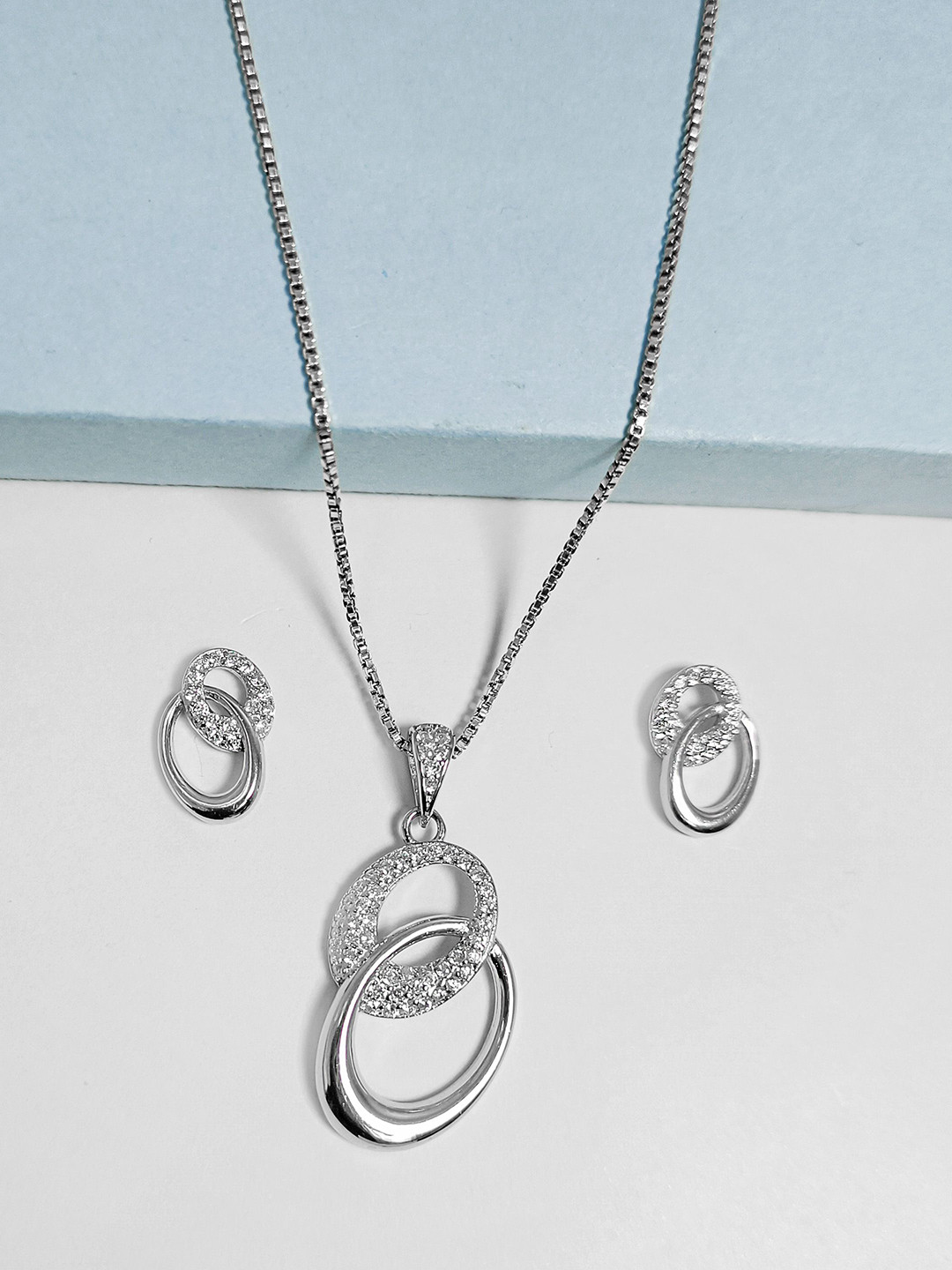 INARI SHINES 925 Silver Rhodium-Plated Zircon Studded Dual Circle Necklace & Earrings