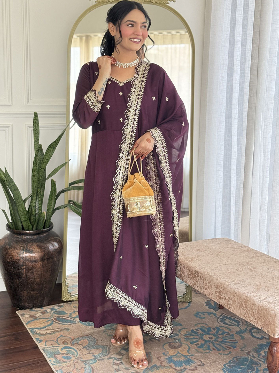 TWINS LADY Floral Embroidered Notch Neck Sequinned Anarkali Kurta With Trousers & Dupatta