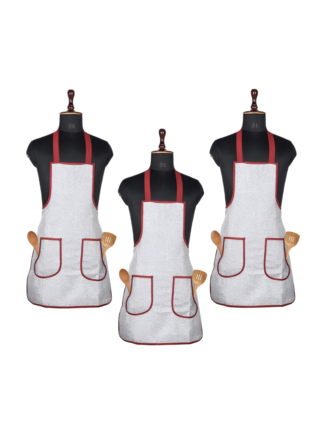 Aura 3 Pieces Grey & Red Jute Waterproof Aprons With Front Pockets