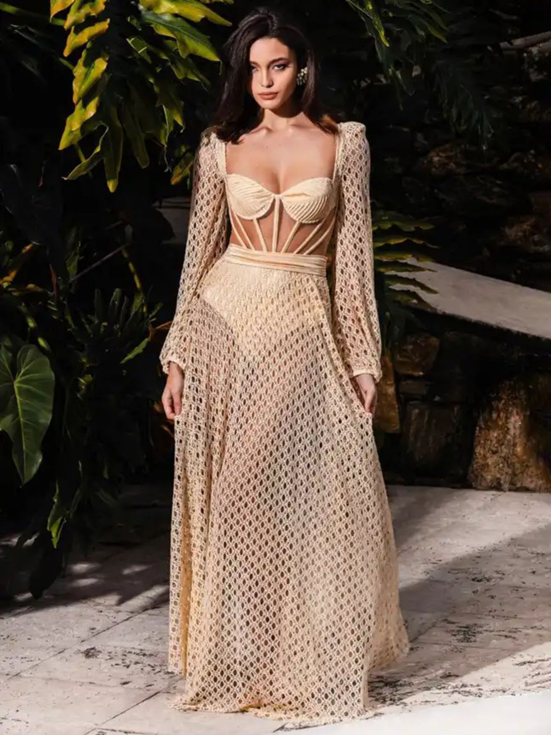 Miss Mosa By Akanksha  Beige Laurel Statement Beach Dress-Swimsuit With Attached Skirt-Resortwear