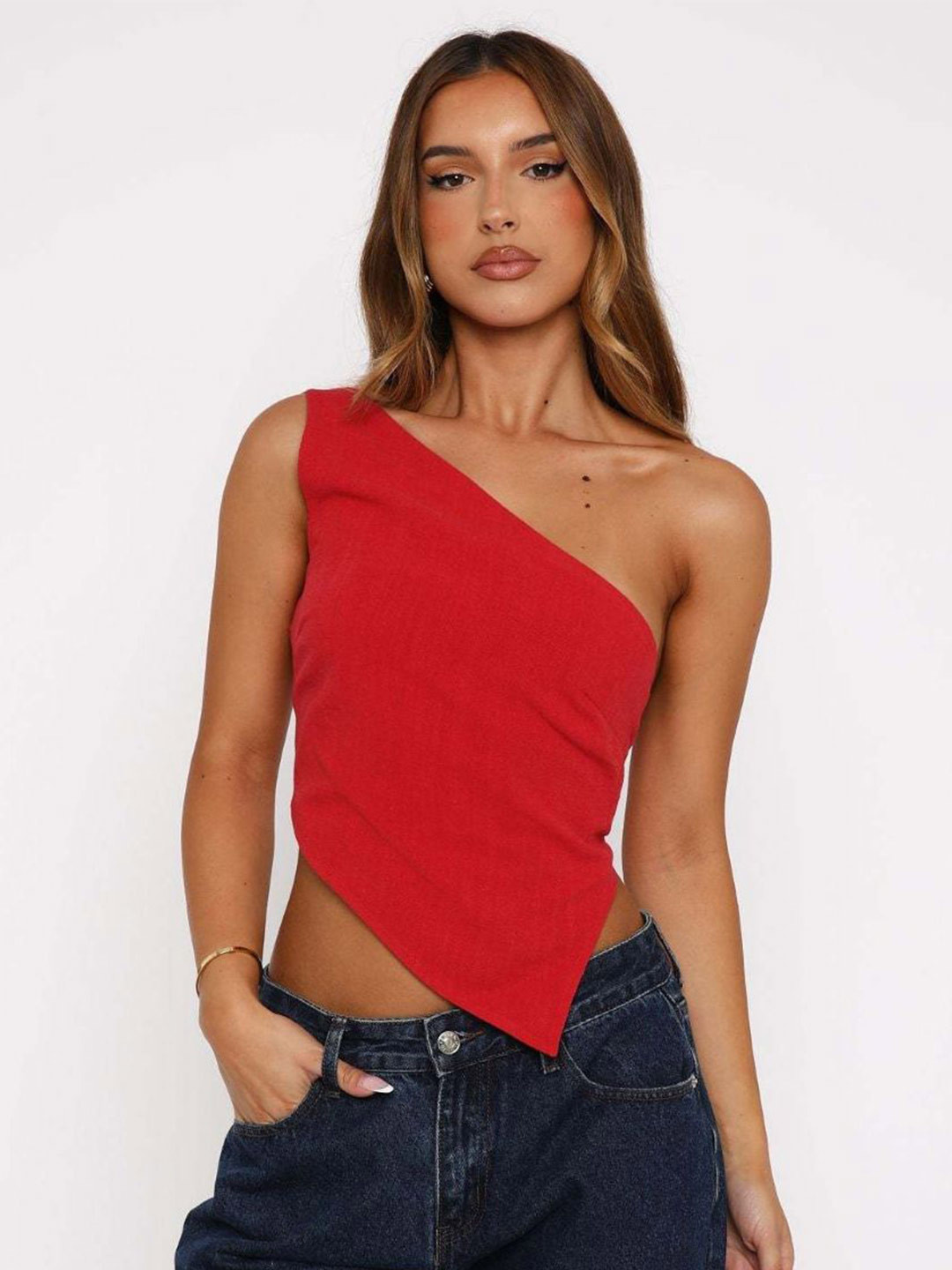 KPOP Women One Shoulder Tie-Ups Detail Asymmetric Hem Backless Crop Top