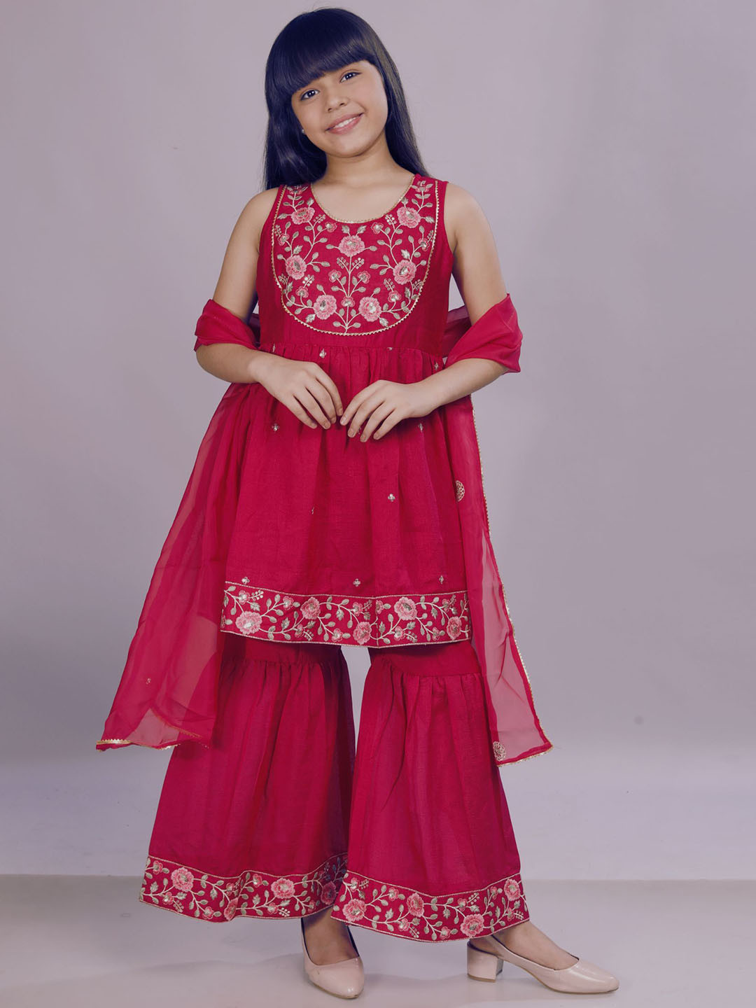 CurlyTales Girls Silk Embroidered Kurta and Sharara Set with Dupatta