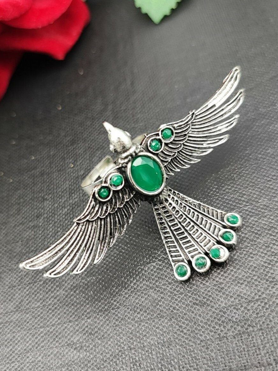 Yash Jewels Emporiums Silver-Plated Stones Studded Flying Eagle Adjustable Finger Ring