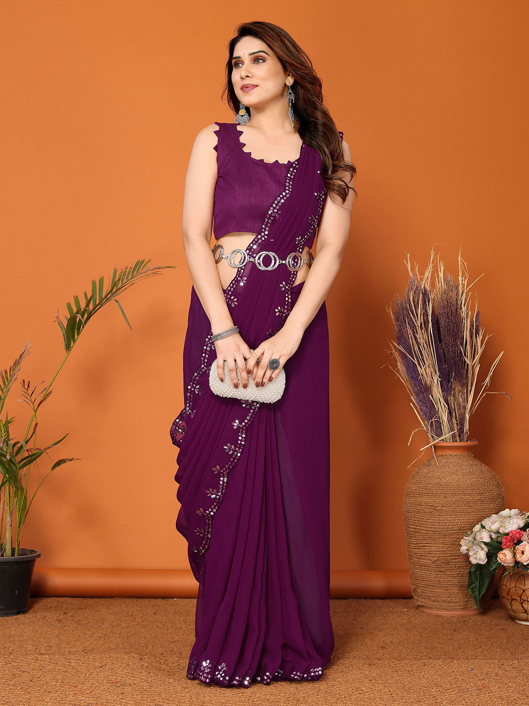 Anouk  Solid Mirror Work Party Saree