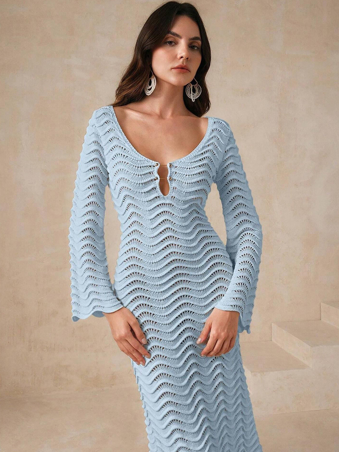 Miss Mosa By Akanksha  Shirly Women Ice Blue Luxe Crochet Knit Dress -Resortwear