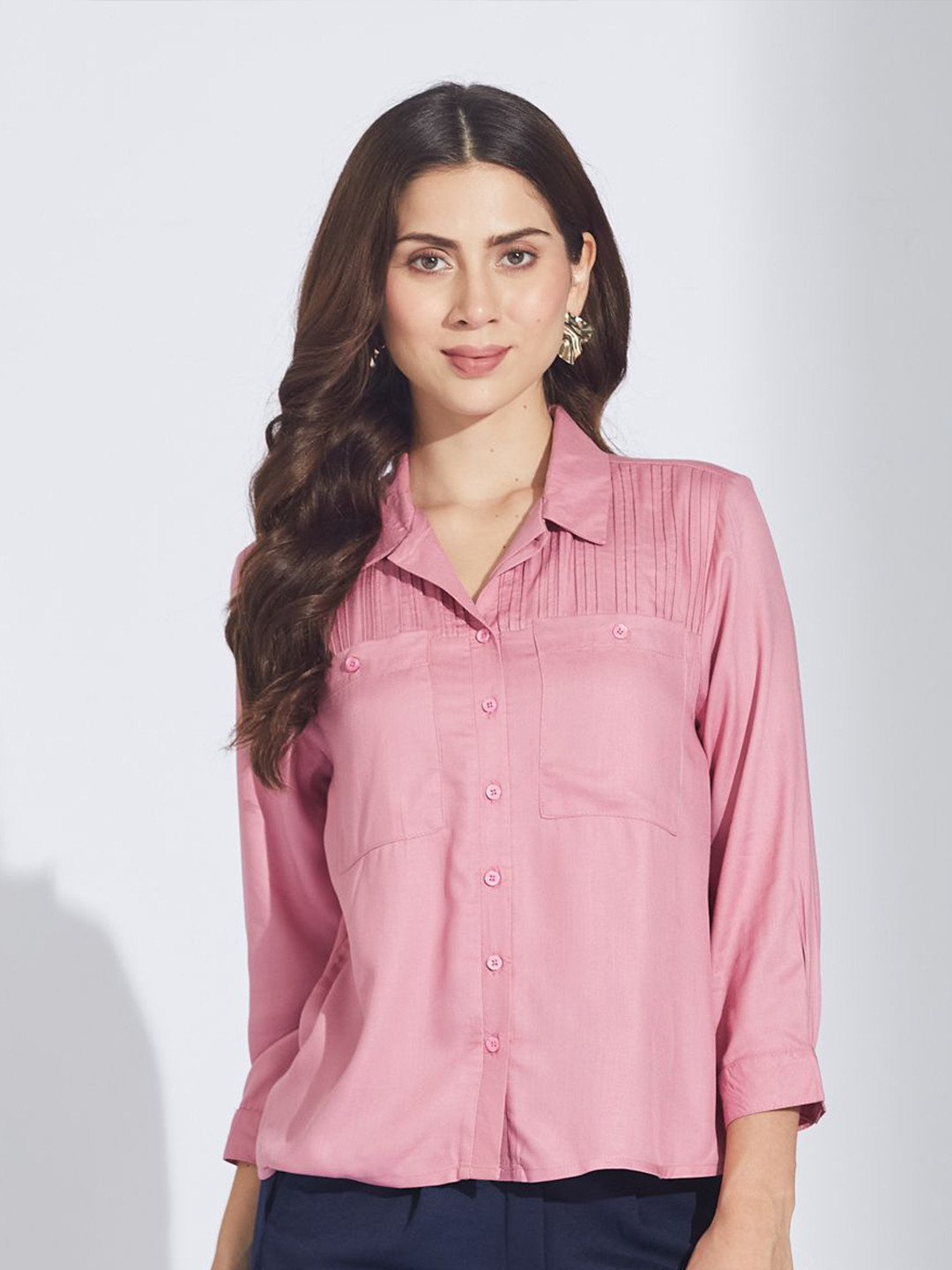 Latin Quarters Women Relaxed Fit Solid Cuban Collar Casual Shirt