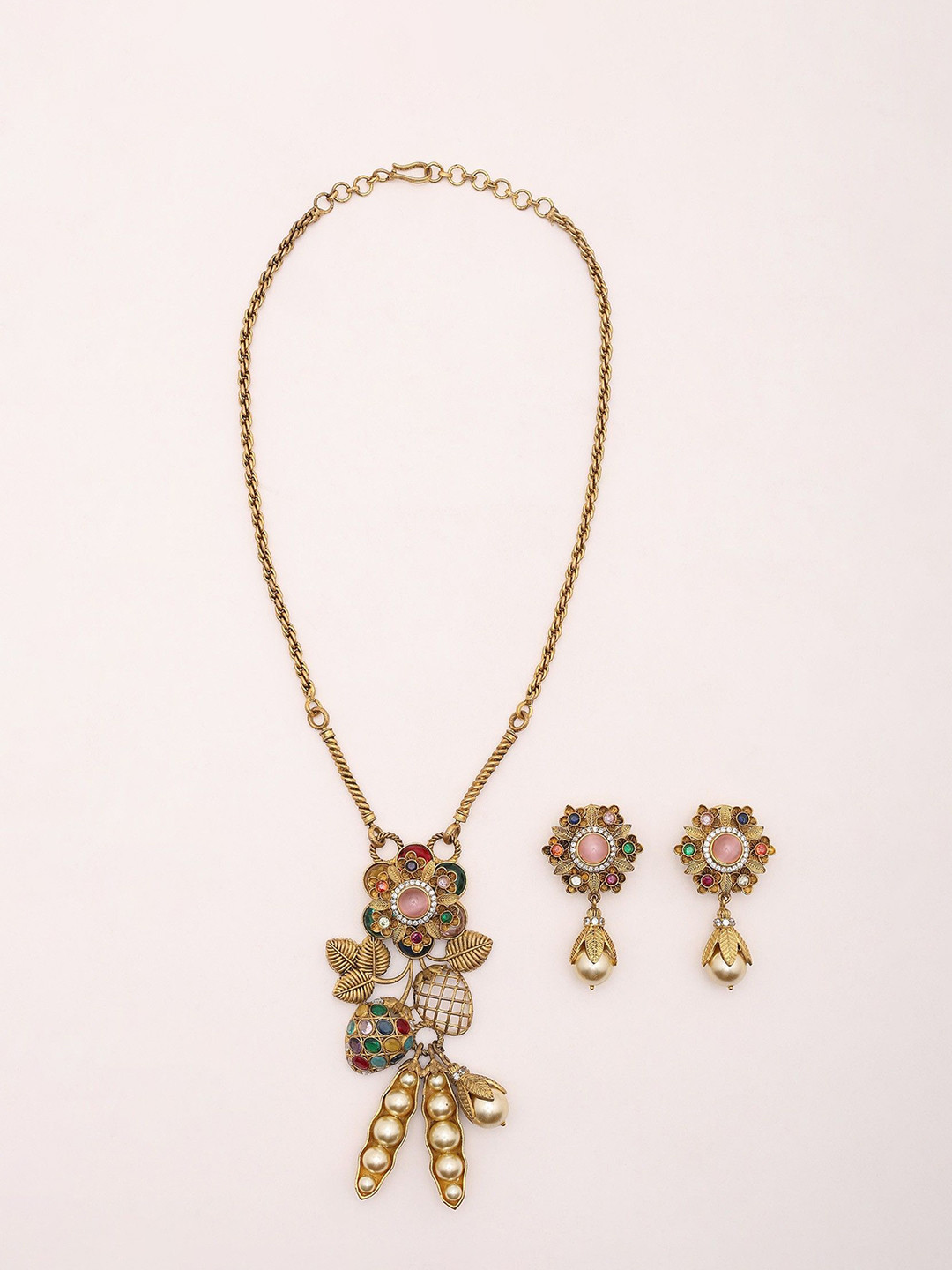 Exotic India Stone-Studded & Beaded Floral Design Jewellery Set