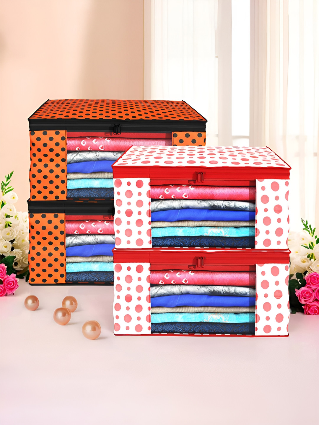 Aura Red & Orange 4 Pieces Polka Dot Printed Foldable Non-Woven Multi-Utility Organisers