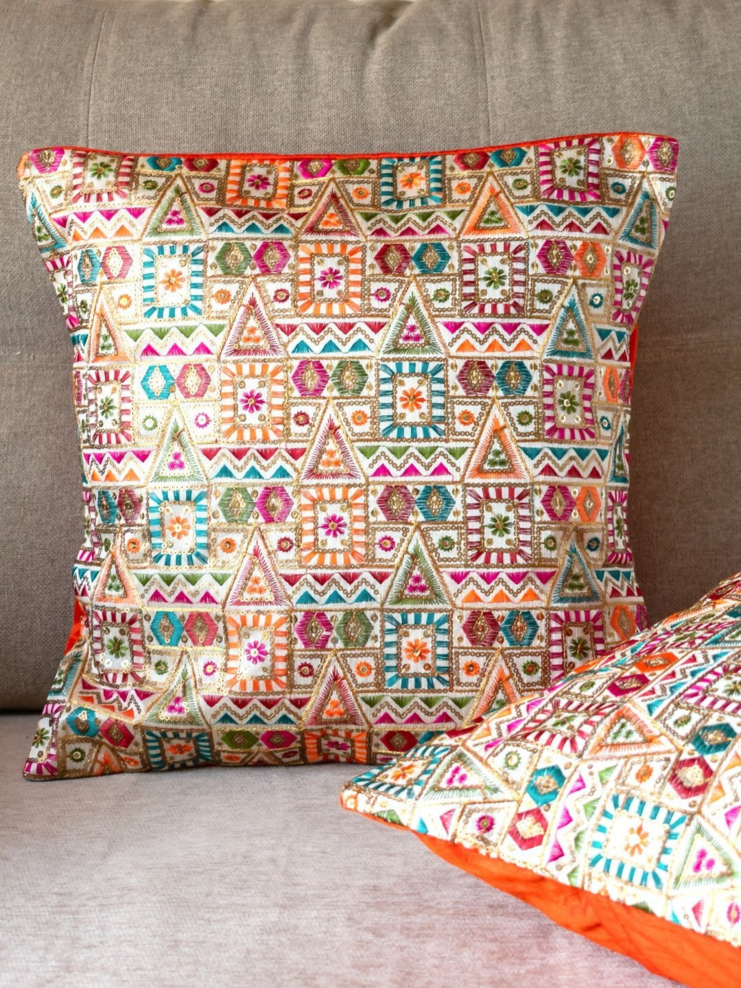 PILOVILO Orange & Pink 2 Pieces Embroidered Silk Square Cushion Covers