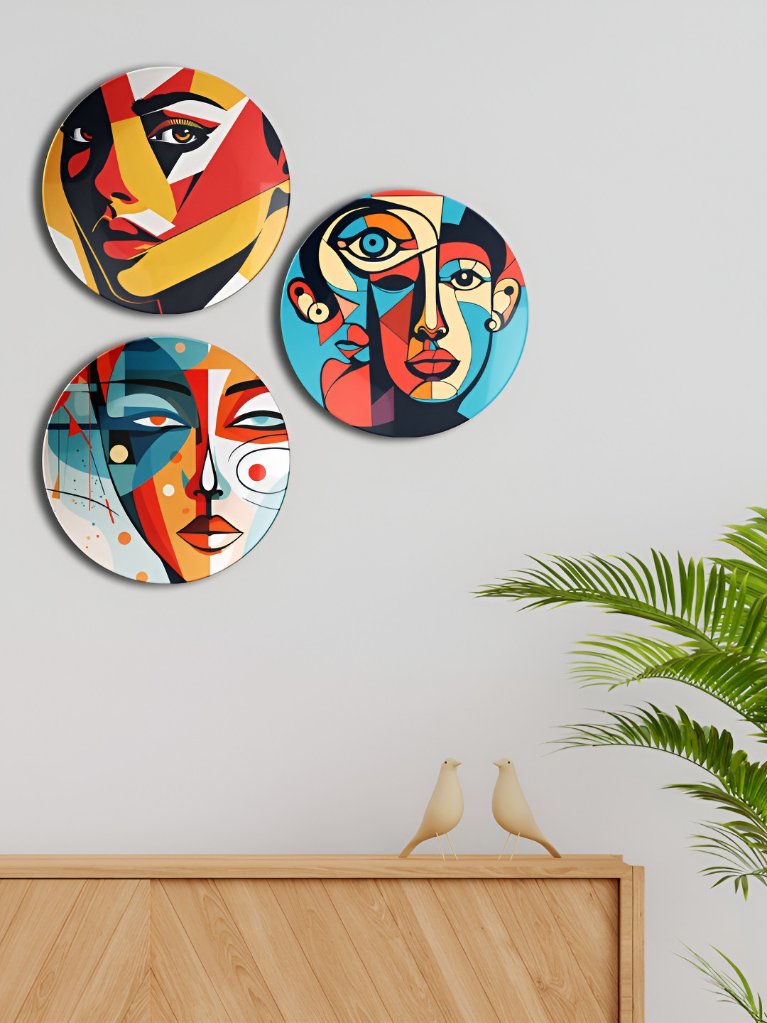THE QUIRKY HOME Abstract Portraiture Ceramic Bohemian Glossy Hall 3Pcs Wall Plates-10In