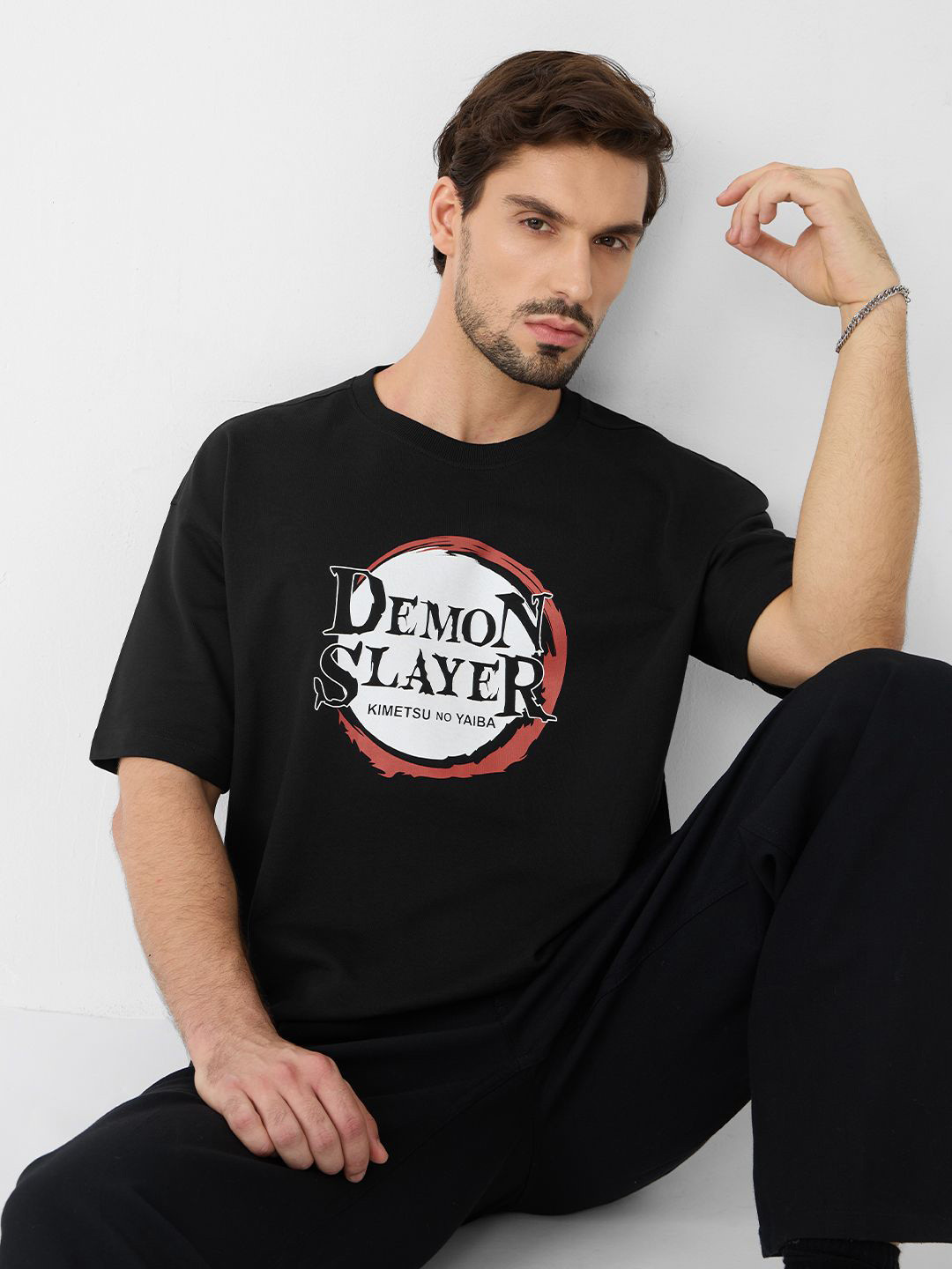 The Souled Store Oversized Demon Slayer Logo Typography Printed Pure Cotton T-Shirt