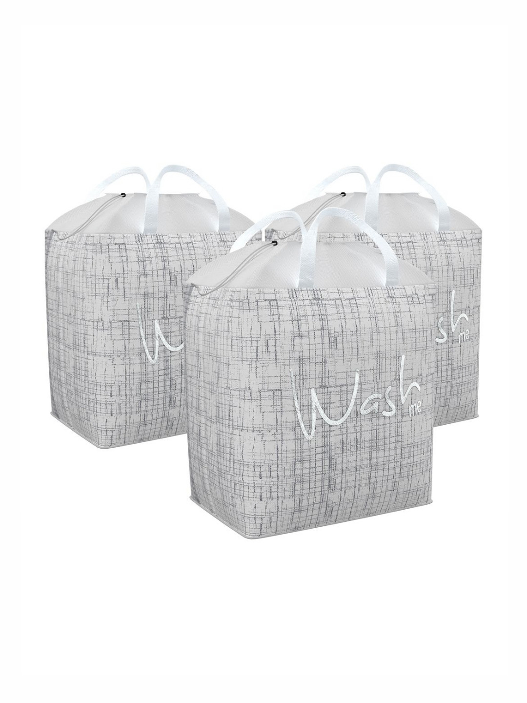 Aura 3Pcs Grey & White Jute Printed Foldable Laundry Bags With Handles - 106 L Each