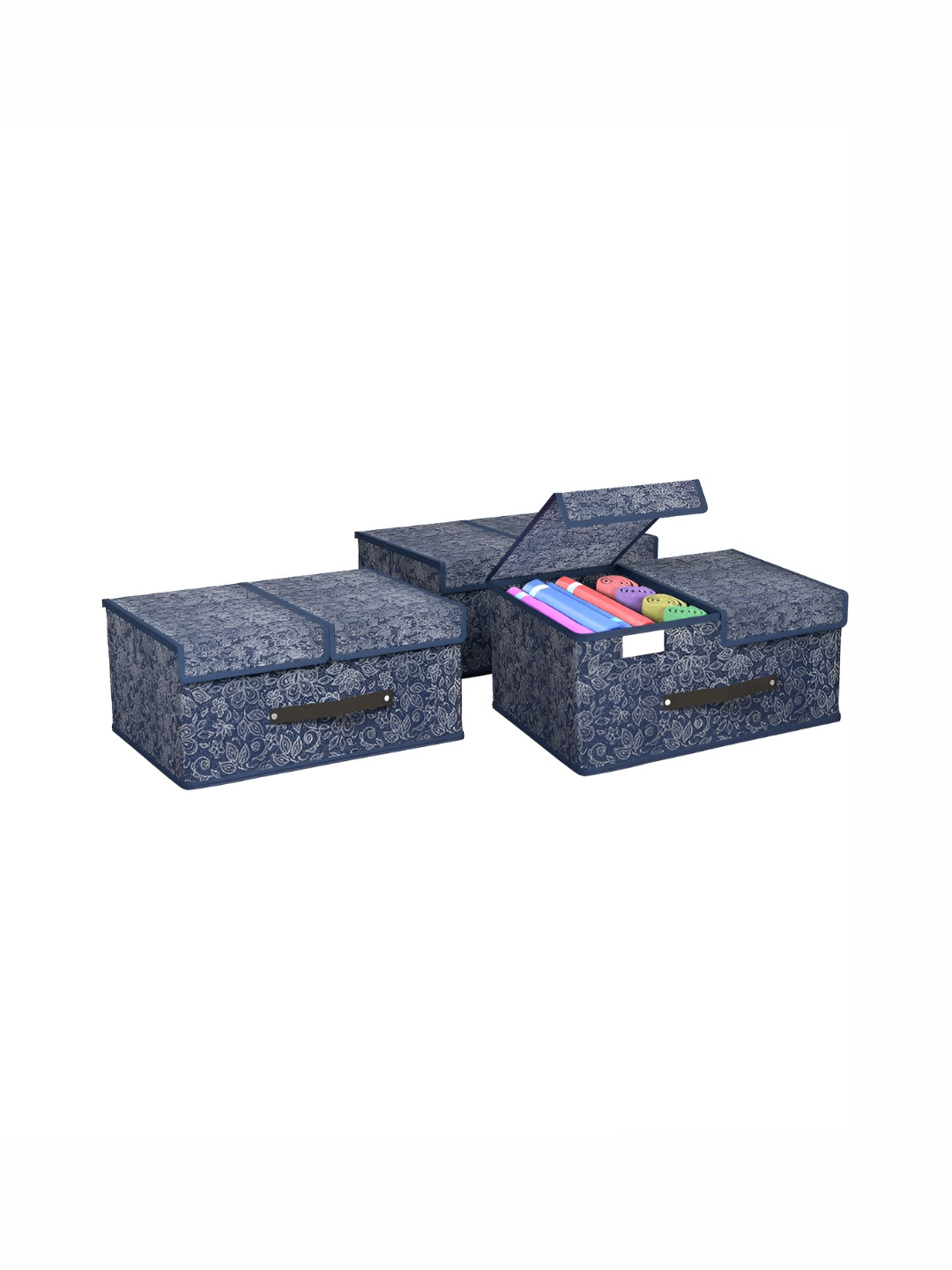 Aura Navy Blue & White 3 Pieces Flower Printed Double Lid Small Drawer Organisers