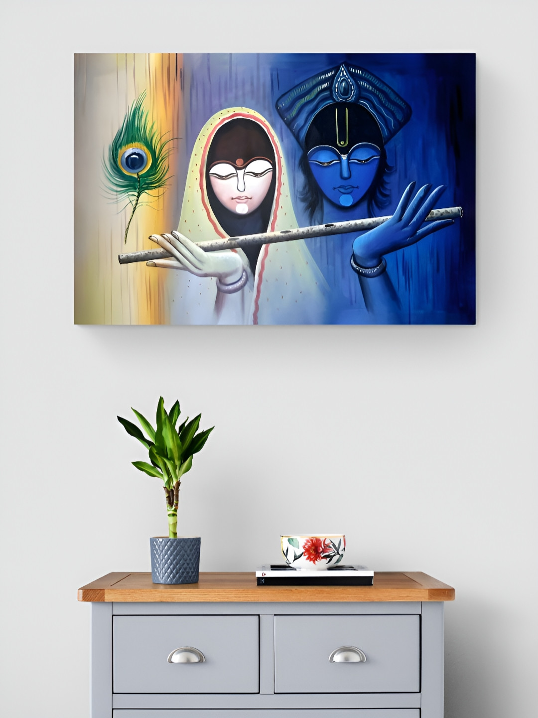 Tushaco Handicrafts Blue & Green 1 Piece Radha Krishna Religious Canvas Wall Art