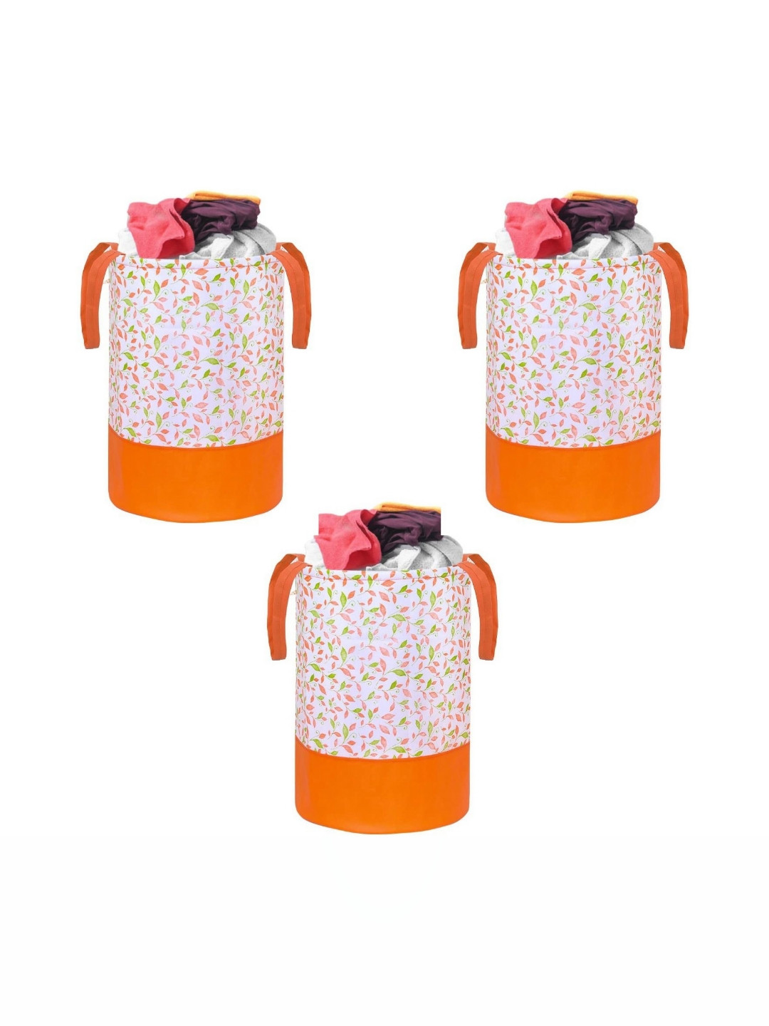 Fashion Throw 3Pcs Orange-Colored & White Floral Printed Foldable Laundry Bags - 45 L Each