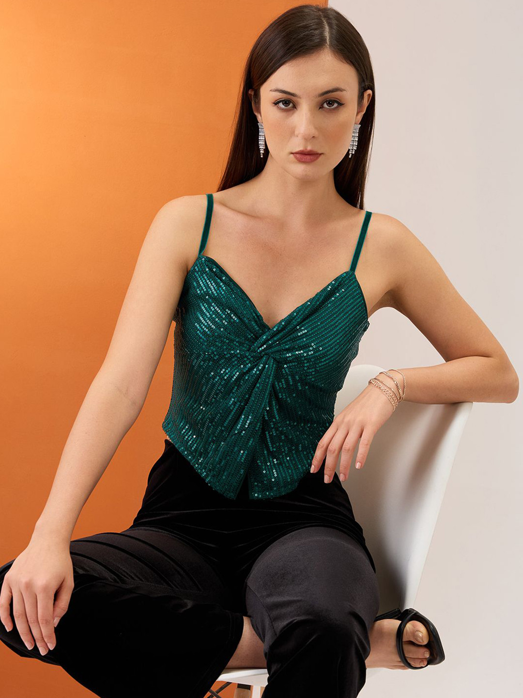 Globus Sweetheart Neck Shoulder Straps Twisted Sequinned Party Top