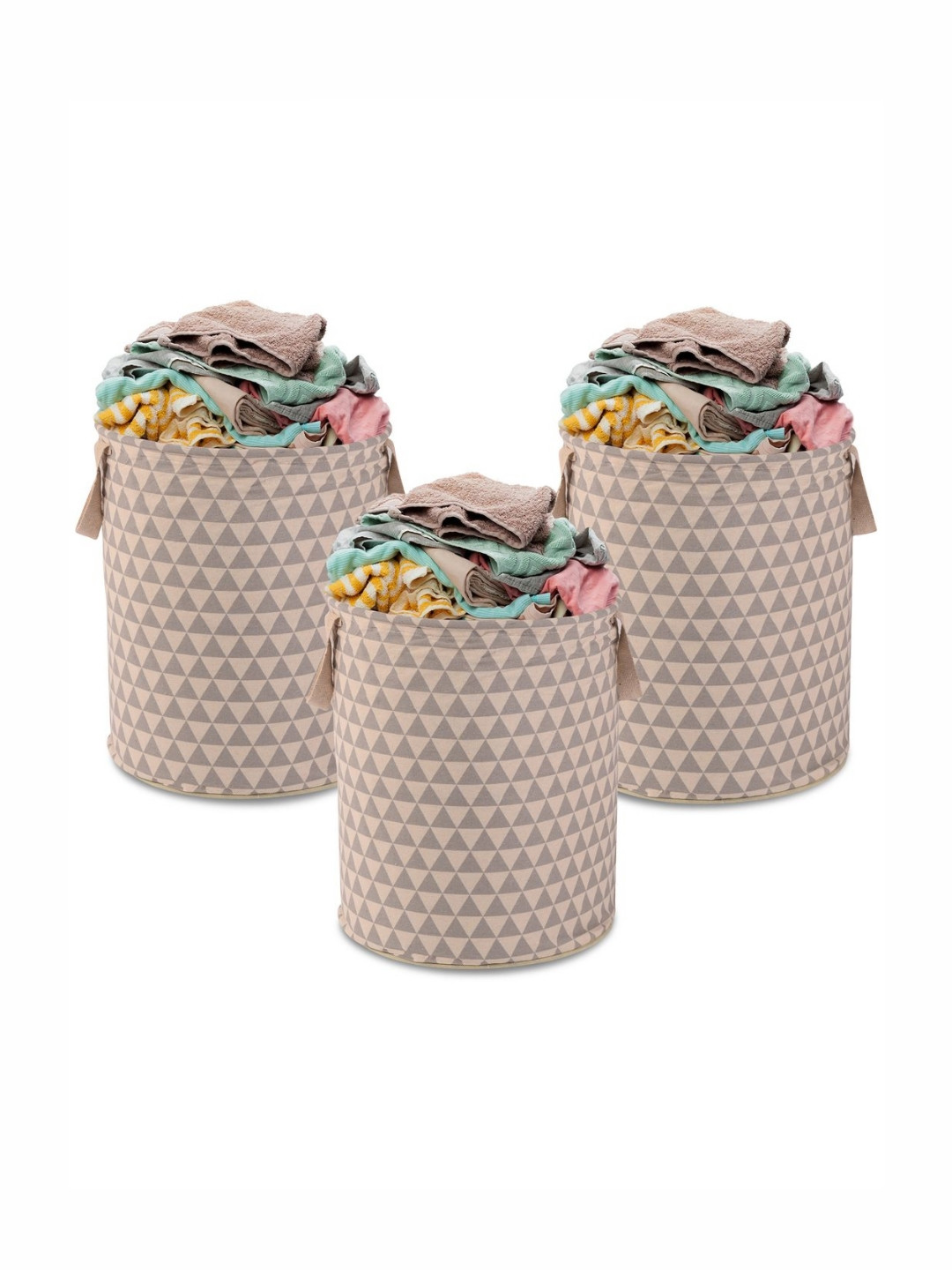 Aura 3Pcs Grey & Brown Triangle Printed Cotton Foldable Laundry Bags - 60 L Each