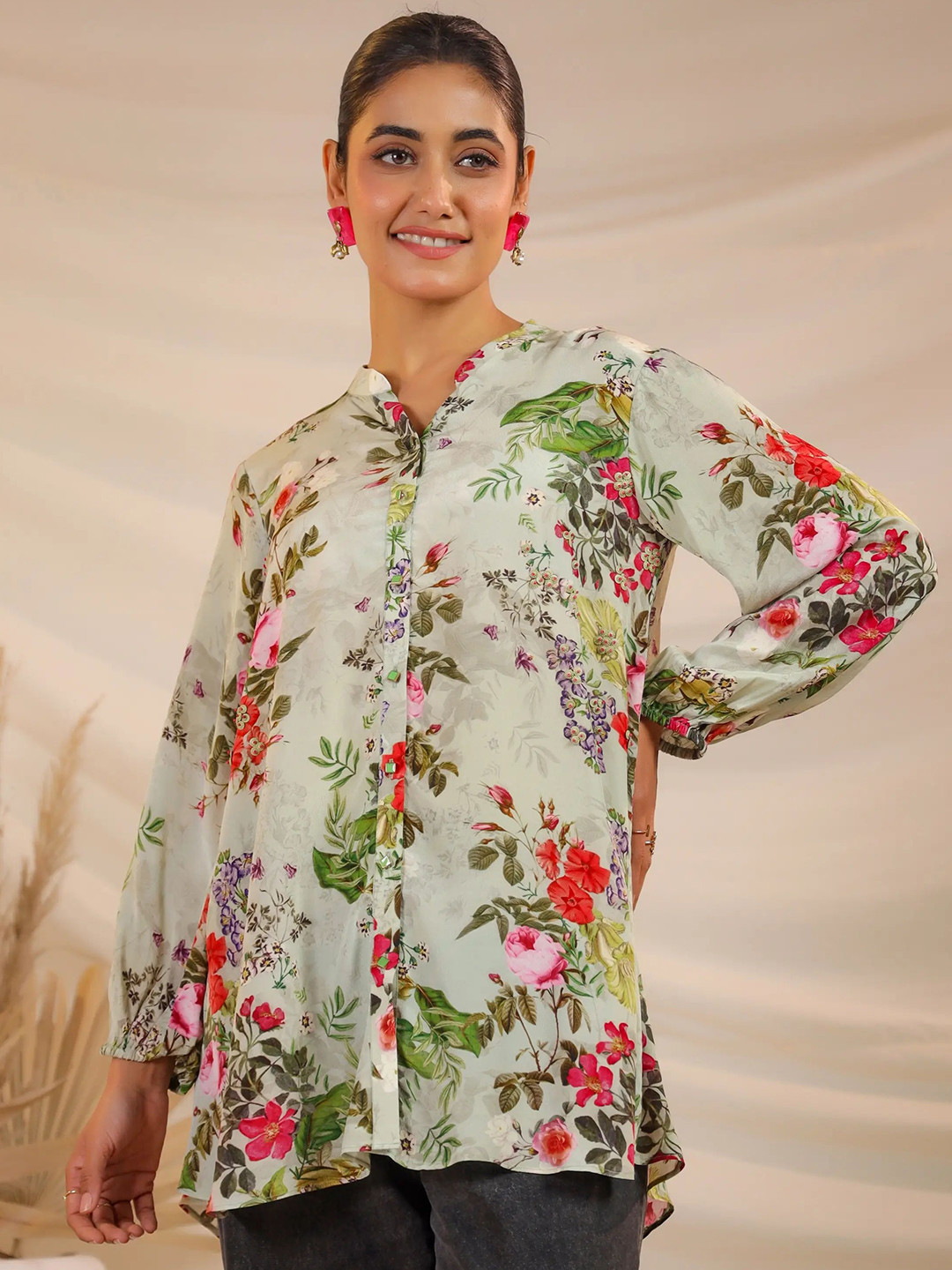 NILIMA CREATIONS Women Floral Printed Pure Silk Mandarin Collar Crepe Shirt Style Top