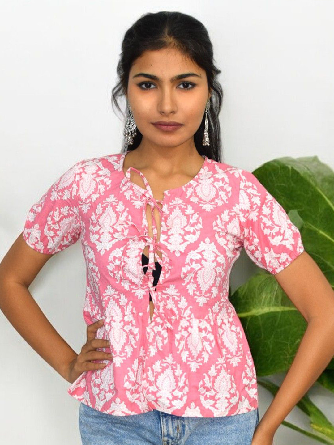 JAIPUR HAND BLOCK Women Floral Printed Tie-Ups Cotton Peplum Top