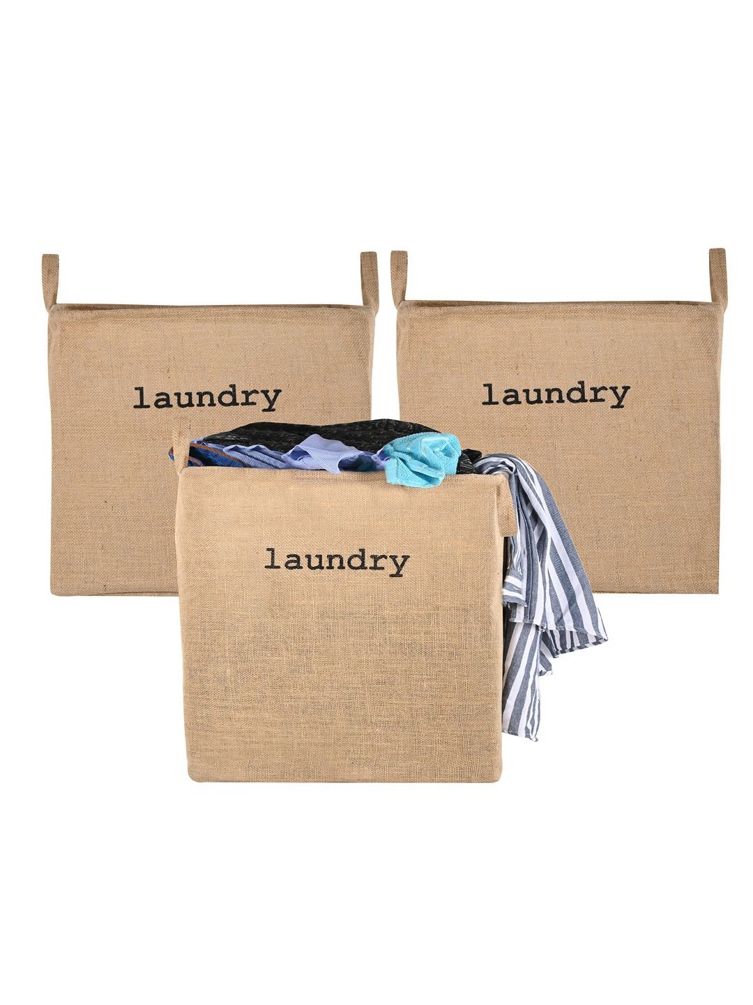 Aura 3Pcs Brown & Black Printed Jute Foldable Laundry Bags With Handles - 55 L Each