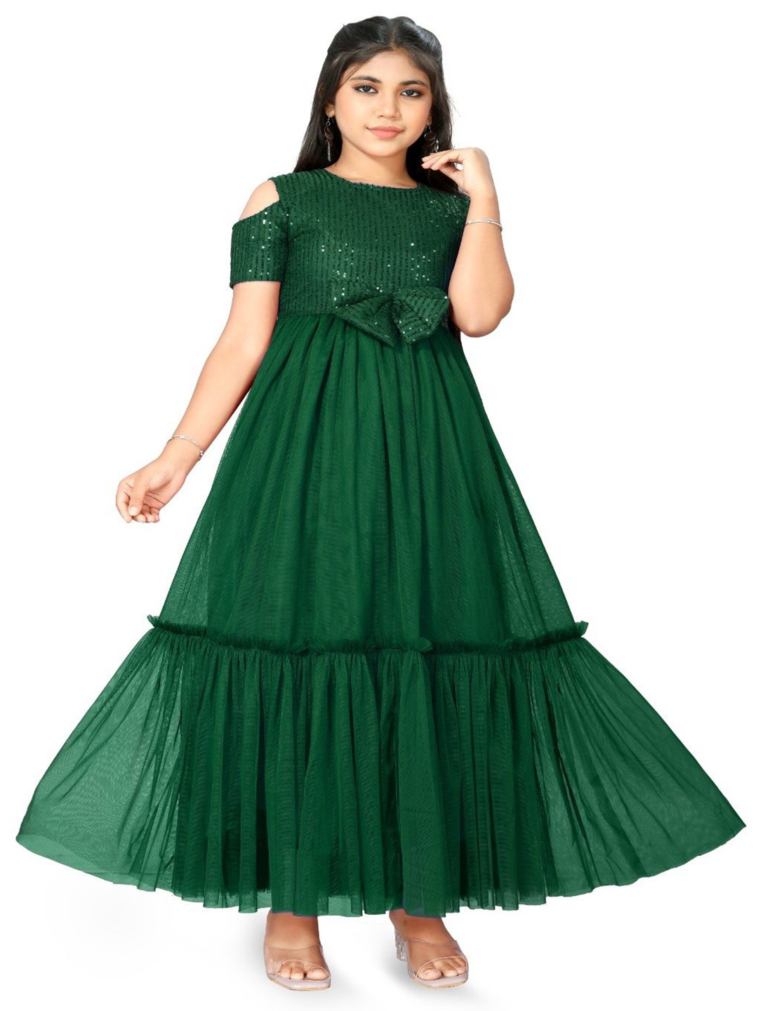 DP FABRICS Girls Embellished Cold-Shoulder Net Gown Dress