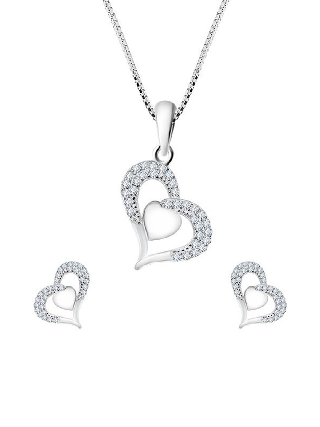INARI SHINES 925 Silver Rhodium-Plated Zircon Studded Adorable Heart Necklace & Earrings