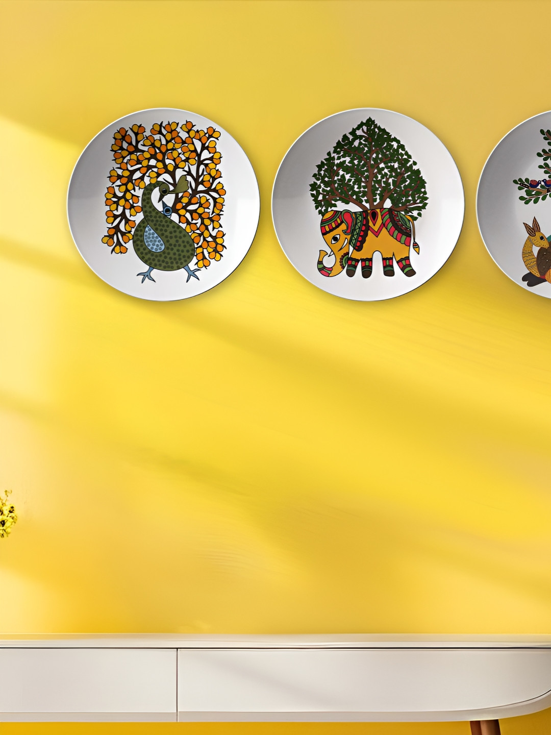 THE QUIRKY HOME Nature's Palette in Gond Ceramic Bohemian Glossy 3Pcs Wall Plates-10In