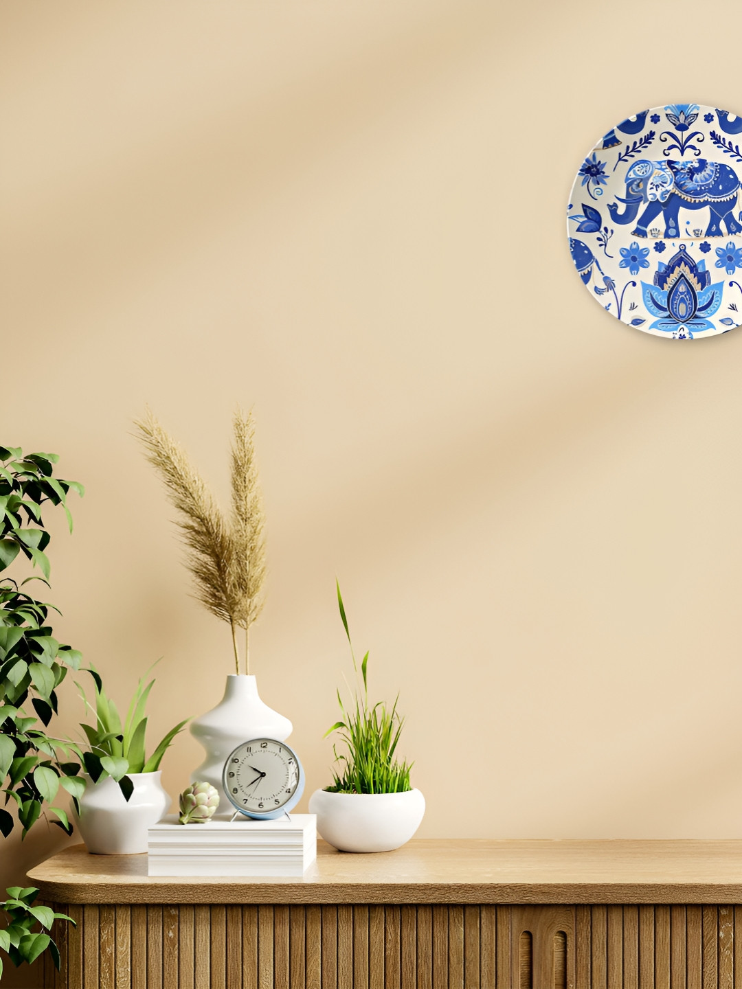 THE QUIRKY HOME Blue Patchwork Ceramic Ethnic Motifs Glossy Hanging Hall Wall Plates-9.8In