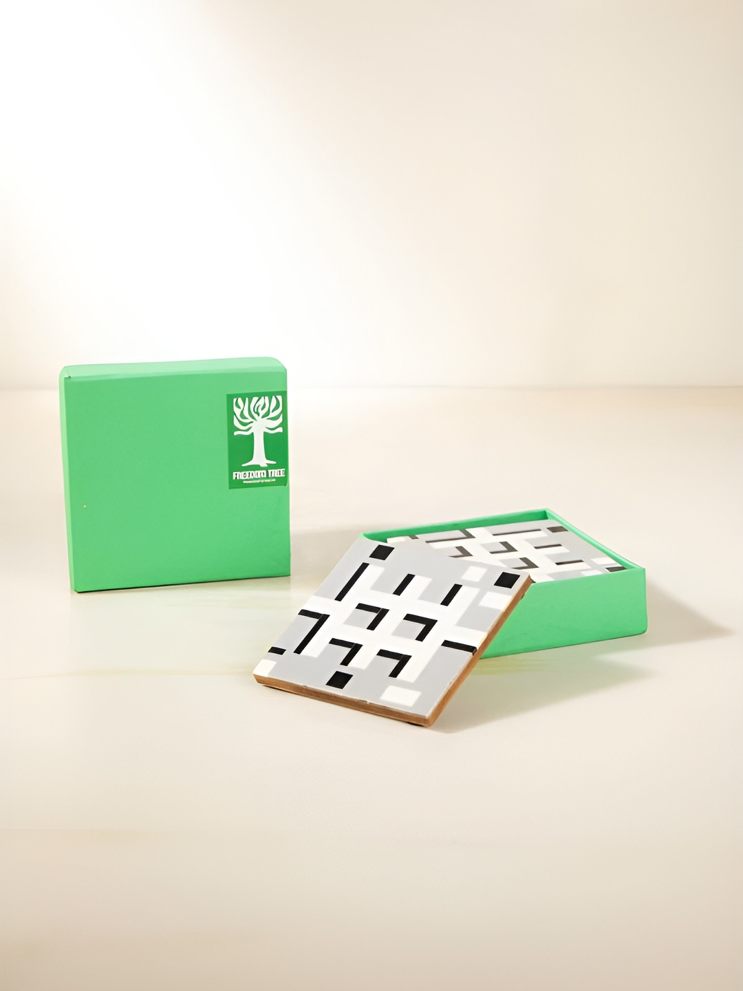FREEDOM TREE Set Of 4 Grey & White Printed Square Wooden Coasters