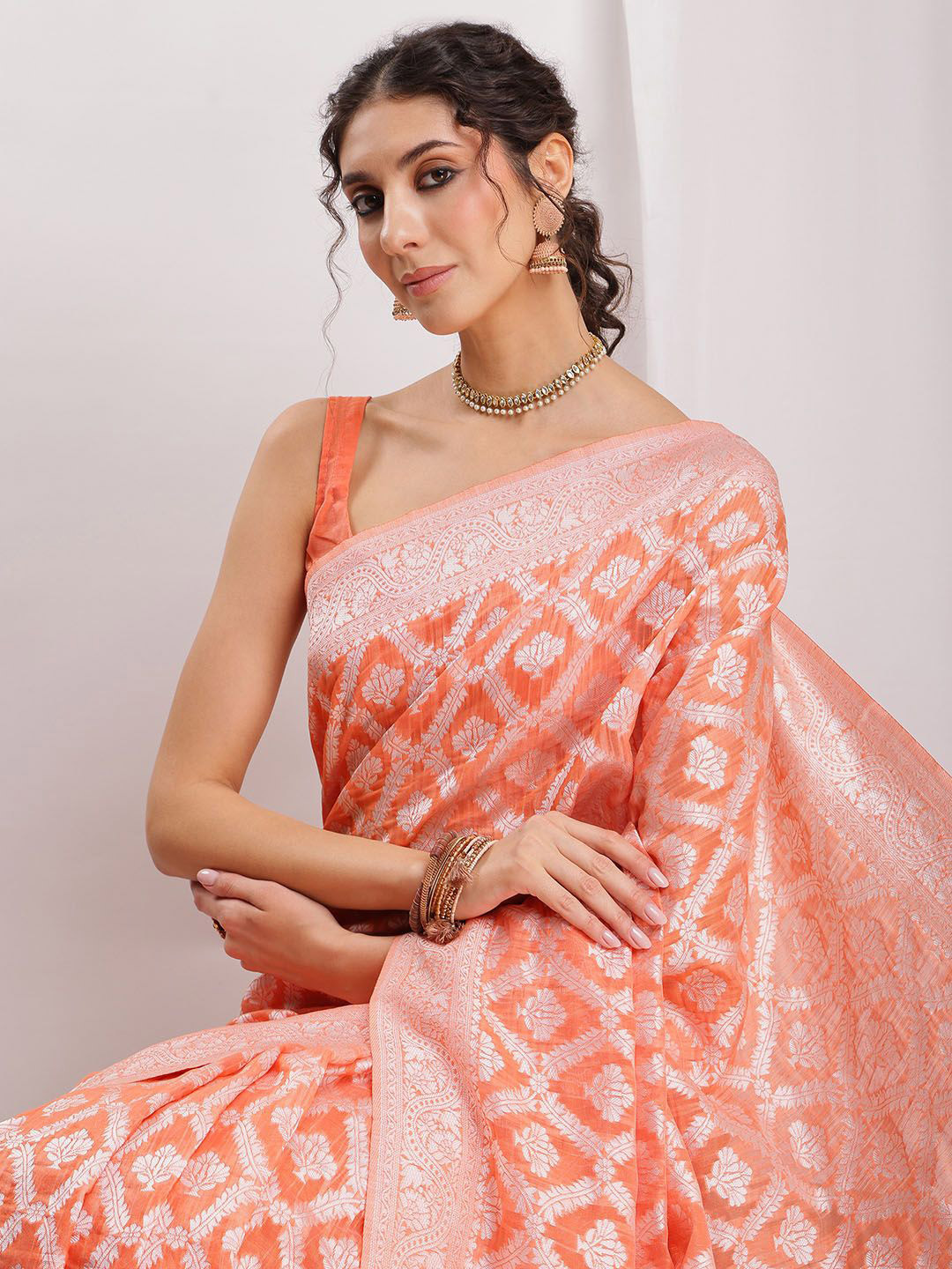 Janasya Women's Peach Silk Blend Floral Woven Design Jacquard Saree with Blouse Piece