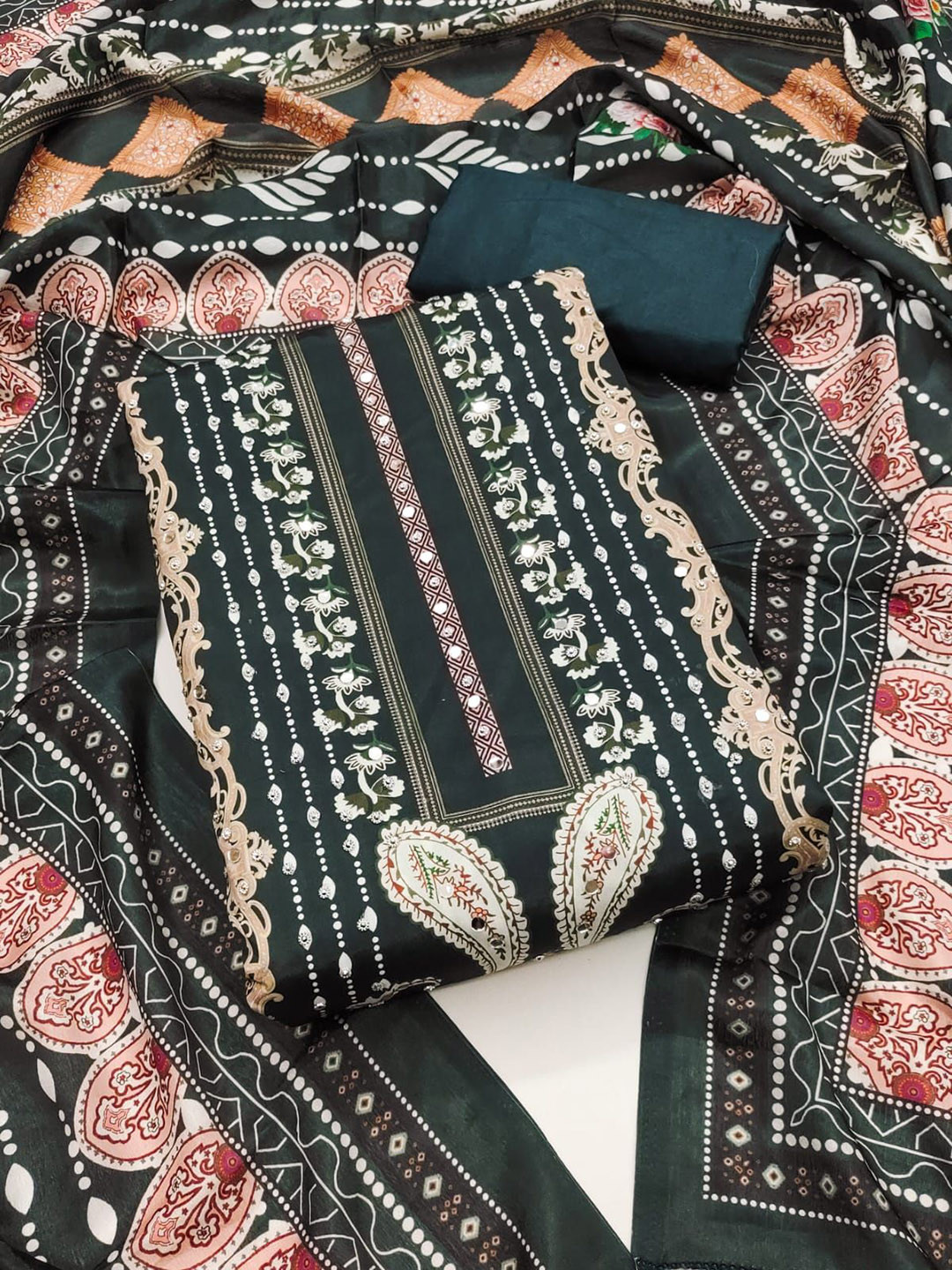 HE VAHLA Ethnic Motifs Printed Mirror & Diamond Work Silk Unstitched Dress Material