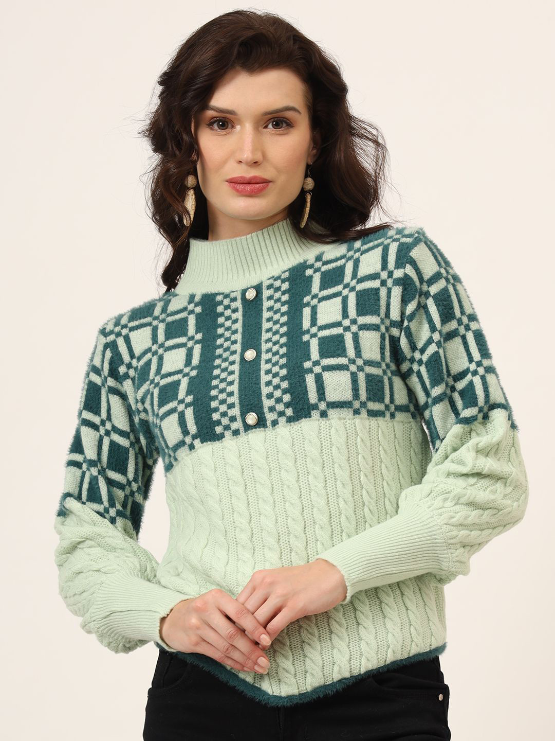 MODKLINE WITH MK Women High Neck Colourblocked Woollen Pullover