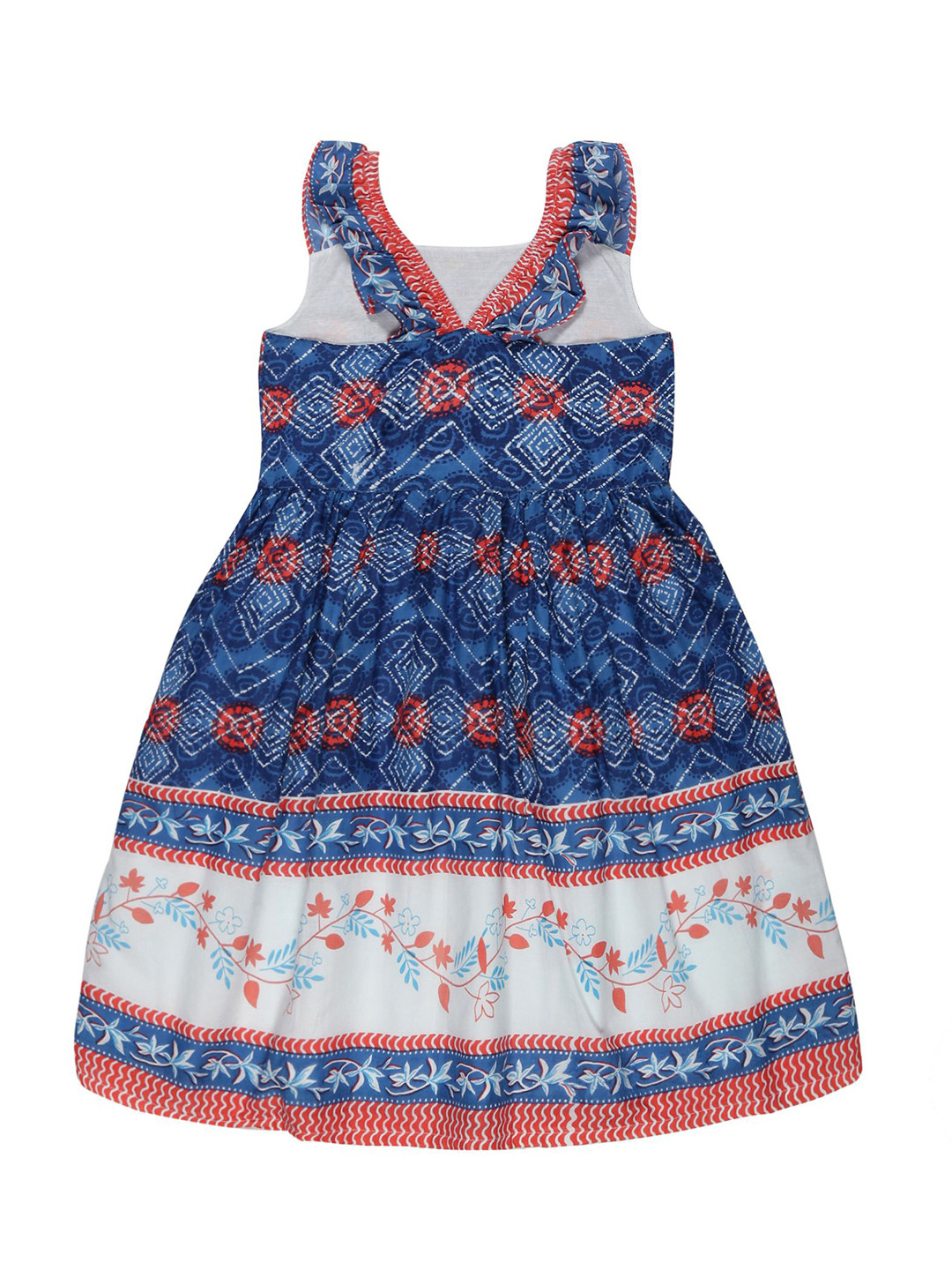 YOUNG BIRDS Girls Geometric Printed Ruffled Sleeveless Cotton Fit & Flare Dress
