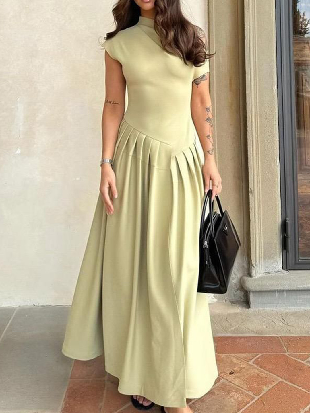 Miss Mosa By Akanksha  Pista Green Sereia Statement Pleated Holiday Dress