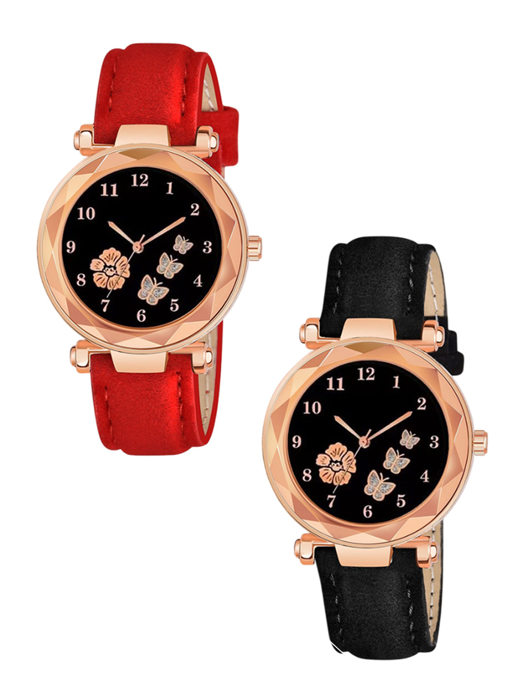 CERO Girls Set Of 2 Printed Dial & Leather Textured Straps Analogue Watches