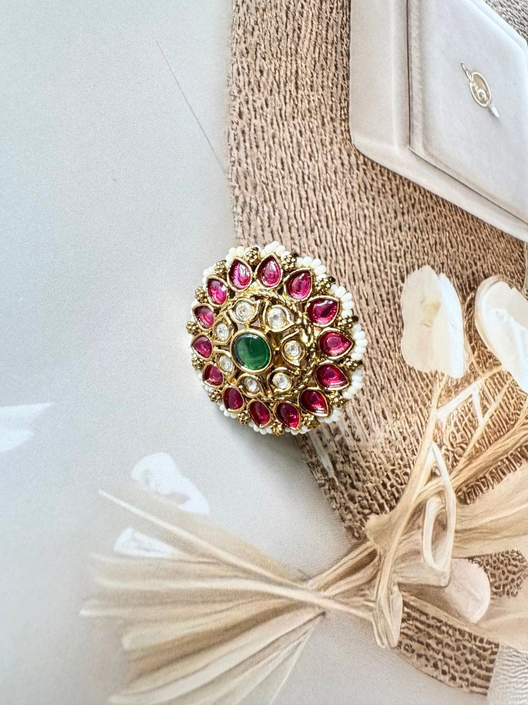 The Jewellery Tale Women Gold Adjustable Finger Ring With Faux Ruby Stones