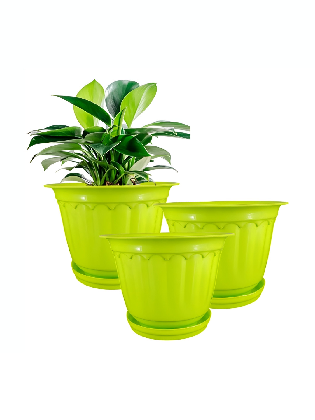 GARDEN'S NEED Jasmine 3Pcs Green Textured Planters With Tray