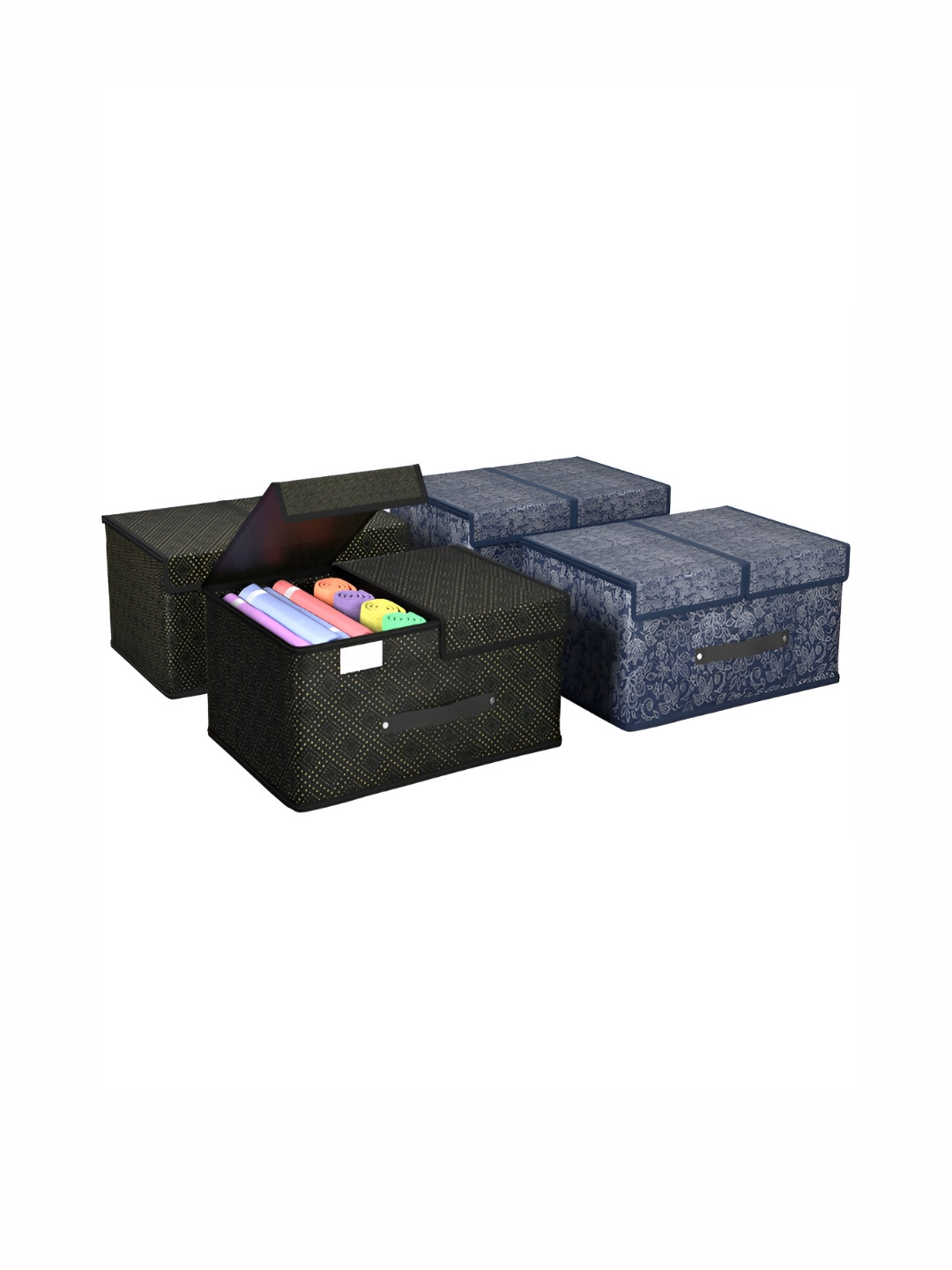 Aura Navy Blue & Black 4 Pieces Printed Foldable Double Lid Drawer Organisers