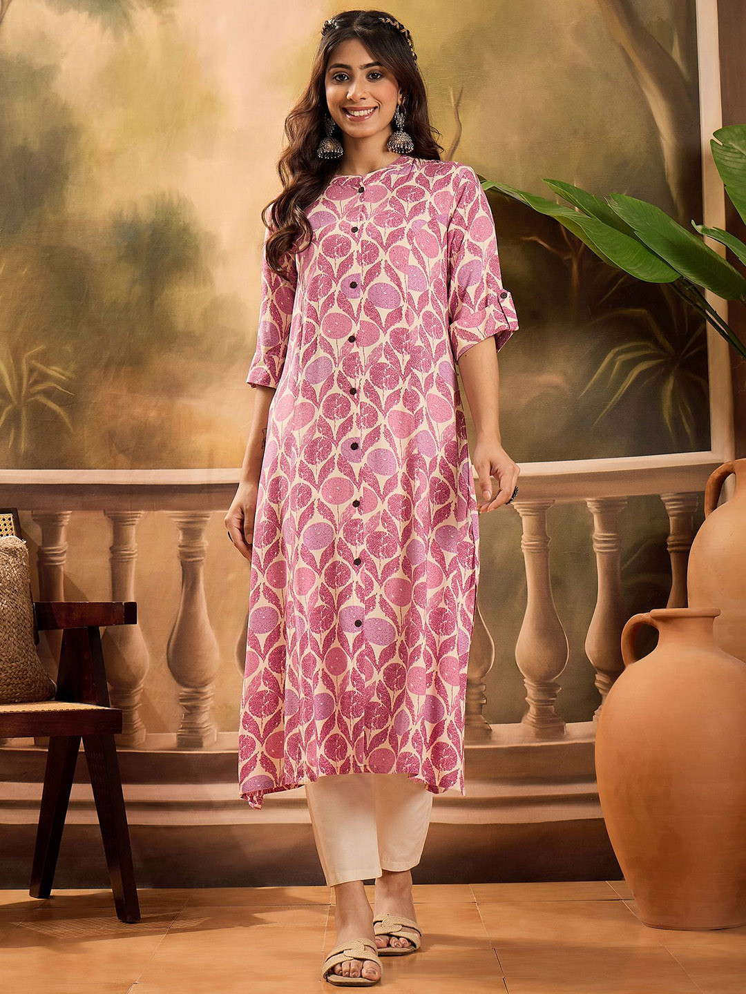 Sangria Floral Printed Screen Print Mandarin Collar A-Line Kurta