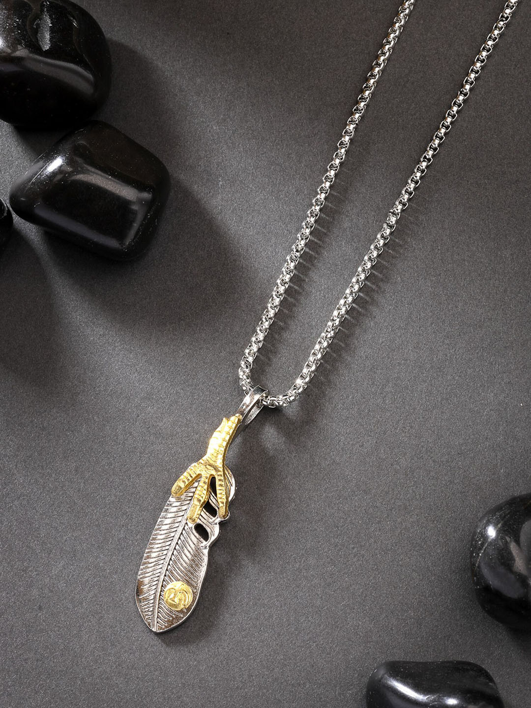 Roadster Men Stainless Steel Silver-Plated Feather Shaped Pendant with Chain