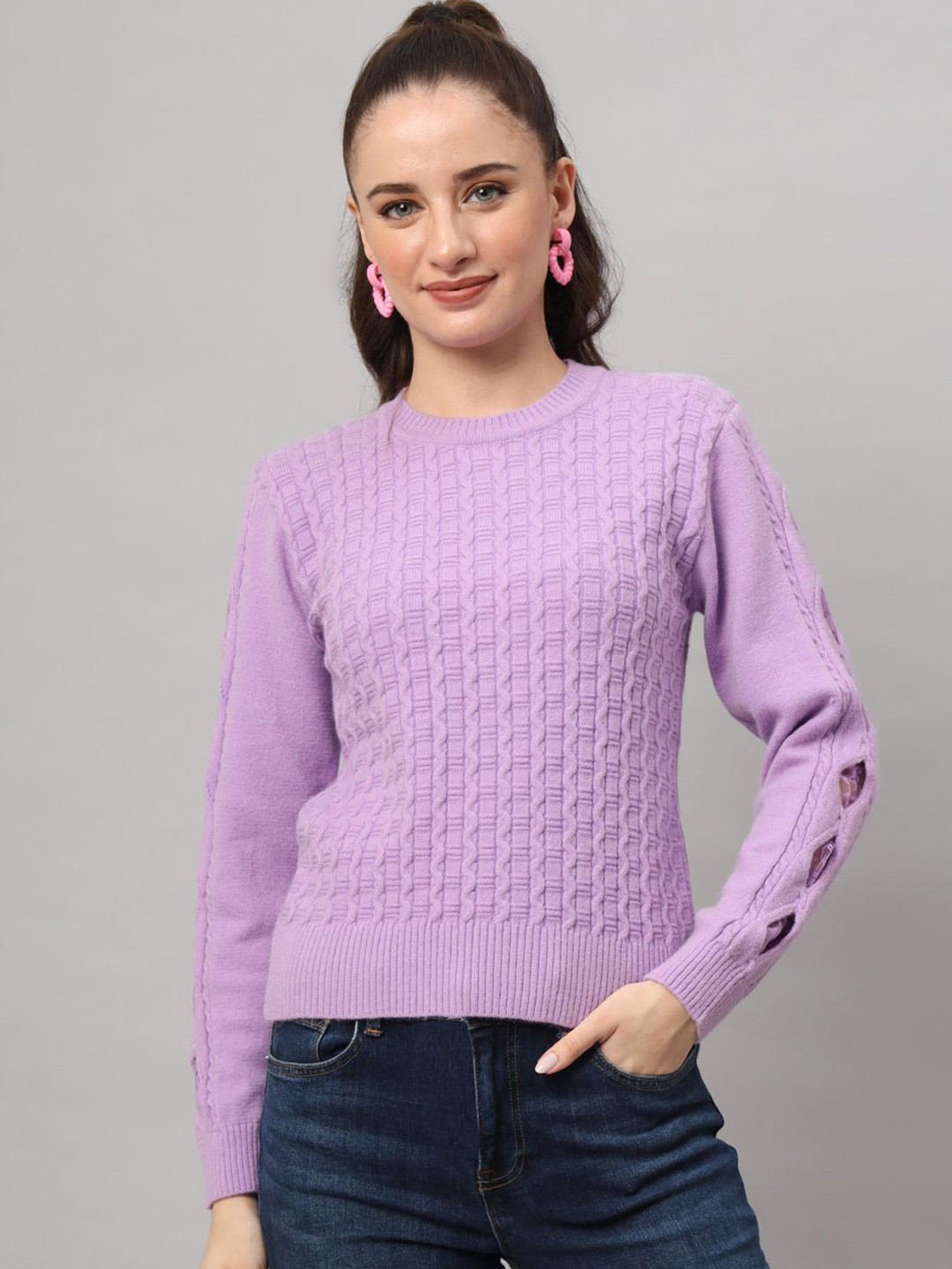 MODKLINE WITH MK Women Self Design Round Neck Cable Knit Woollen Pullover