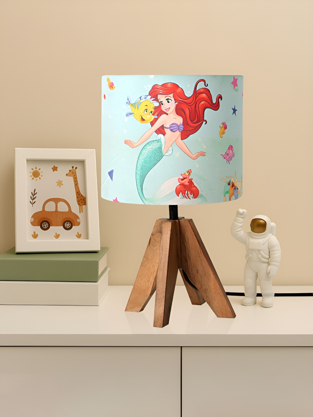 Kuber Industries Green & Red Disney Mermaid Printed Wooden Cylindrical Shaped Table Lamp