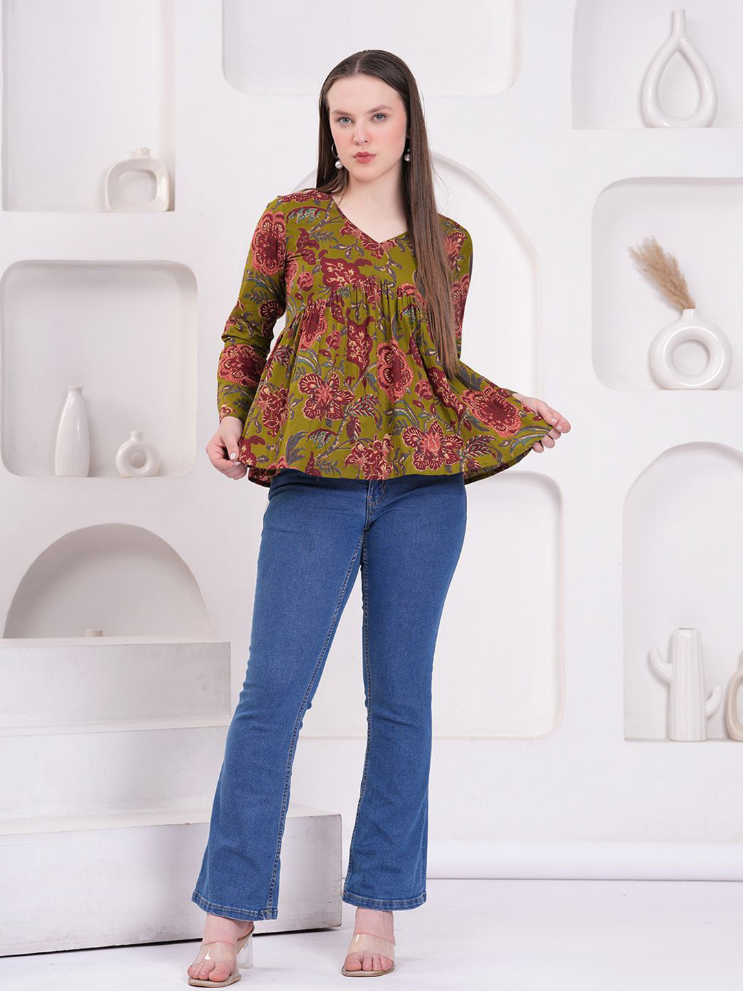 KALAMIR Women Floral Printed Gathered Long Sleeve Cotton Top